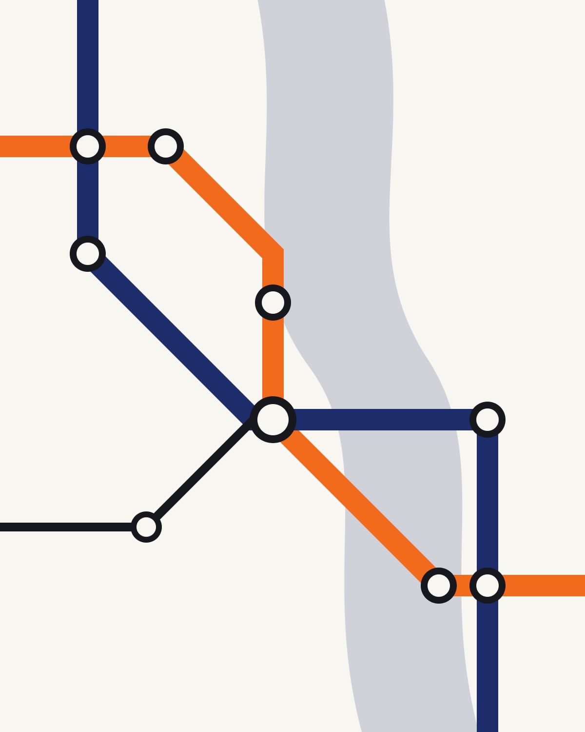 Turuncu ve lacivert hatların duraklarda kesiştiği soyut metro haritası